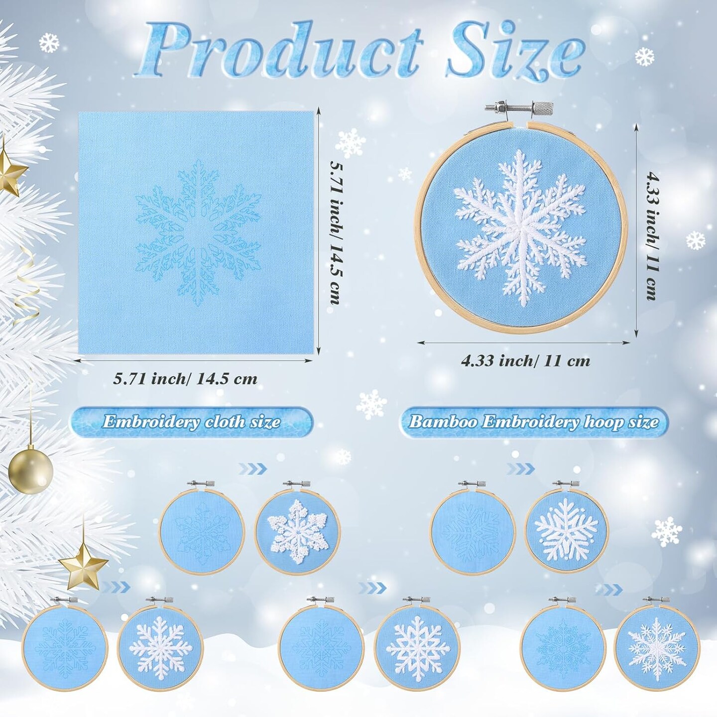 6 Sets Winter Christmas Embroidery Kit for Beginners Snowflakes Cross DIY Needlepoint Kit with Patterns Instructions Embroidery Hoops Threads Needles Needle Threader Ropes Ribbon(Blue)