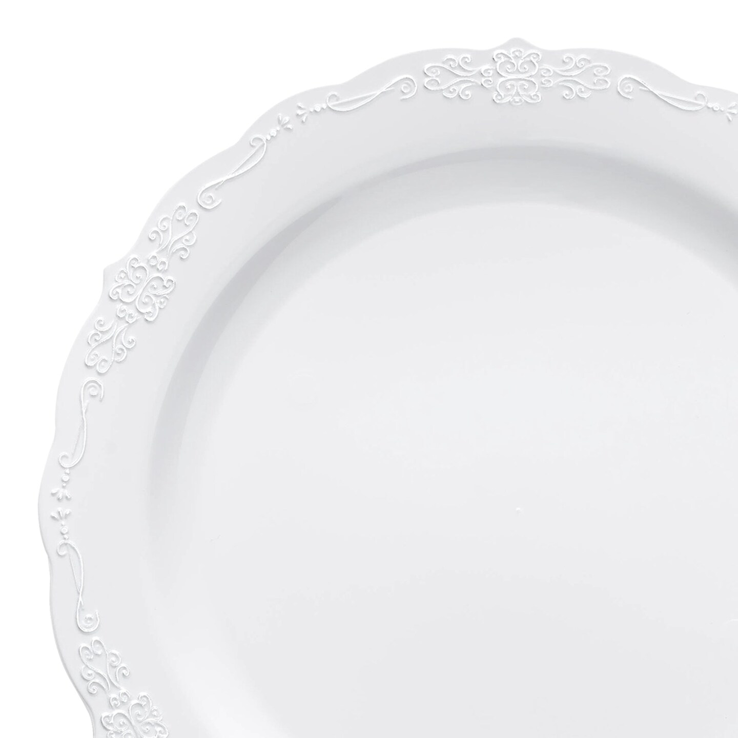 White with Silver Vintage Rim Round Disposable Plastic Dinner Plates - 10" (120 Plates)