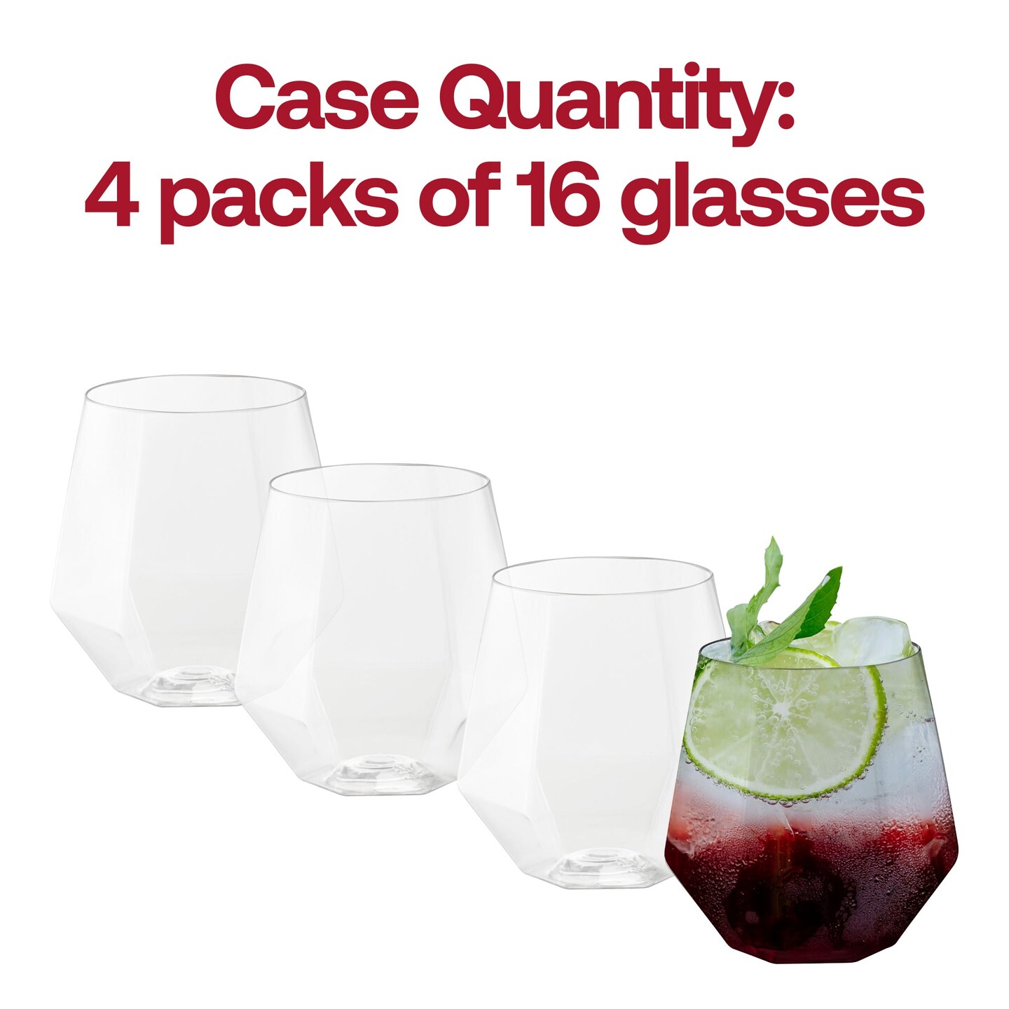 Clear Hexagonal Stemless Plastic Wine Goblets - 12 oz. (64 Glasses)