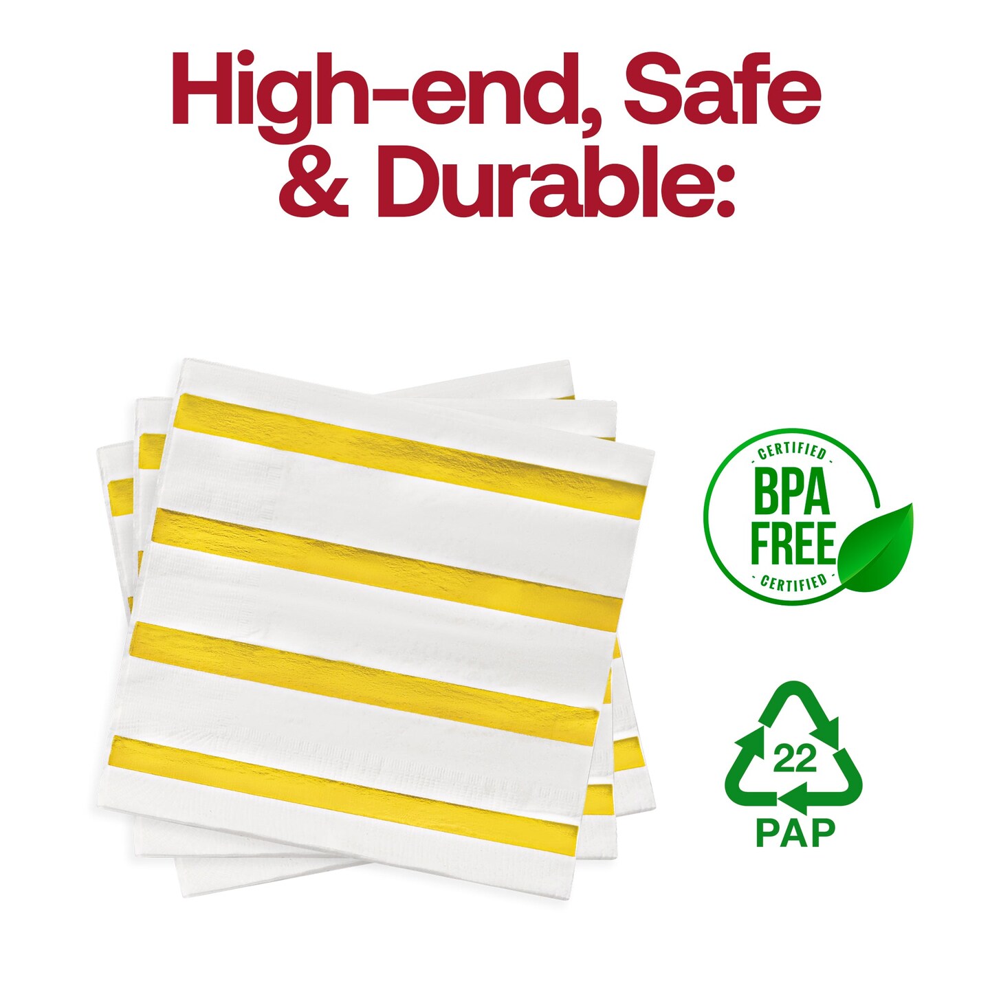 Durable White with Gold Stripes Paper Beverage/Cocktail Napkins (600 Napkins)