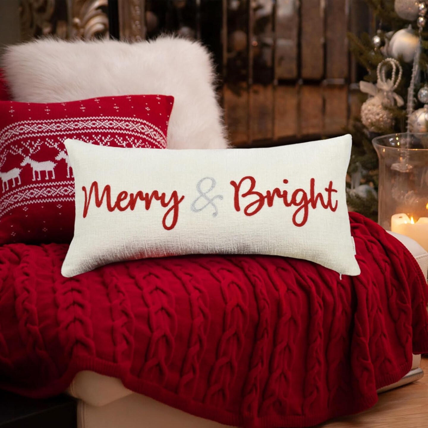 Nice Merry and Bright Christmas Decor Cotton Burlap Decorative Rectangle Throw Lumbar Waist Pillow Case Cushion Cover for Couch Living Room 12X24 inches