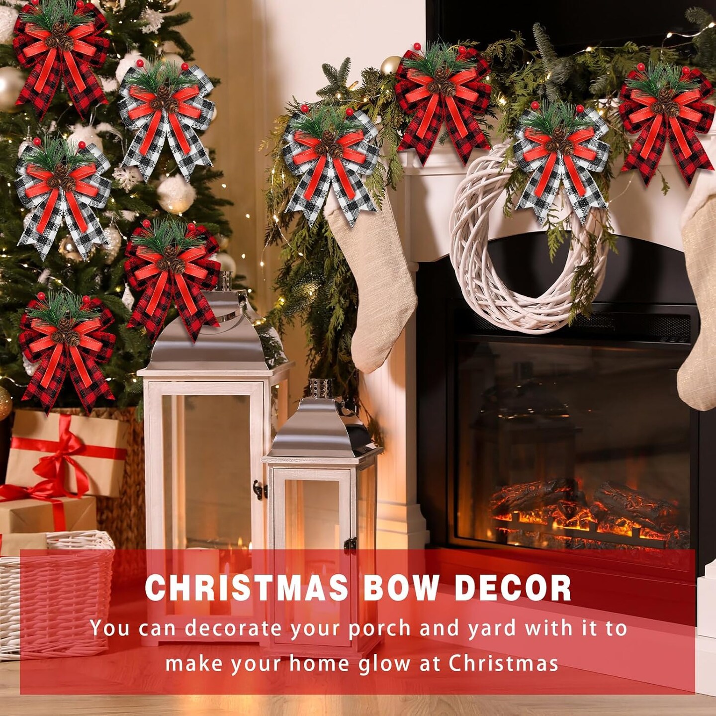 6 Pcs Christmas Bows Buffalo Plaid Bow Checkered Ribbon Bow with Pine Cone Christmas Tree Decoration Bows for Christmas Parties Christmas Trees Indoor Crafts(Black and White, Black and Red)