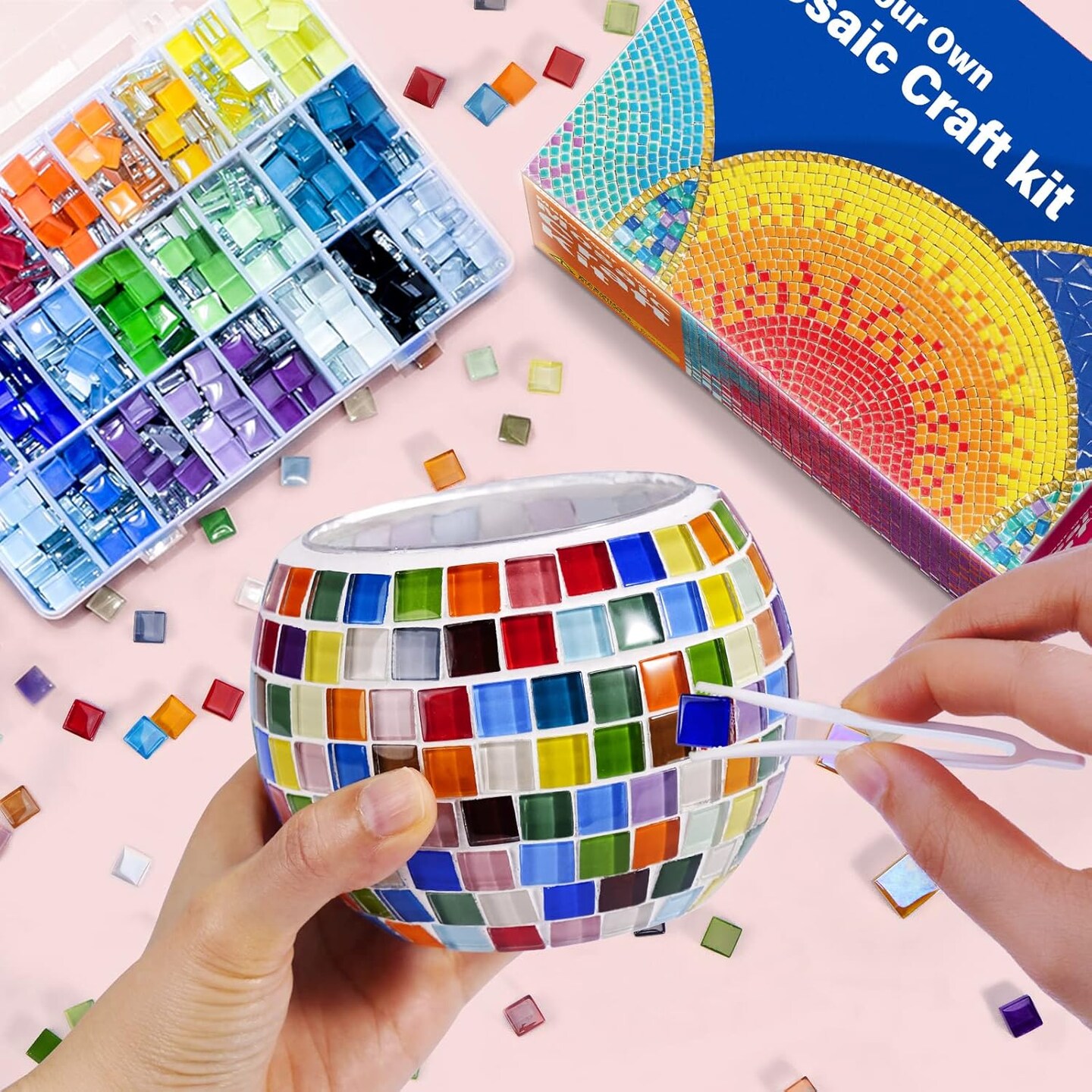 Glass Mosaic Candle Holder Kit, Gifts DIY Mosaic Arts and Crafts Kit for Kids &#x26; Adults, Tealight Candle Holder for Home Lighting Decor, Toys Girls Birthday Gifts Ages 6 7 8 9 10 11 12