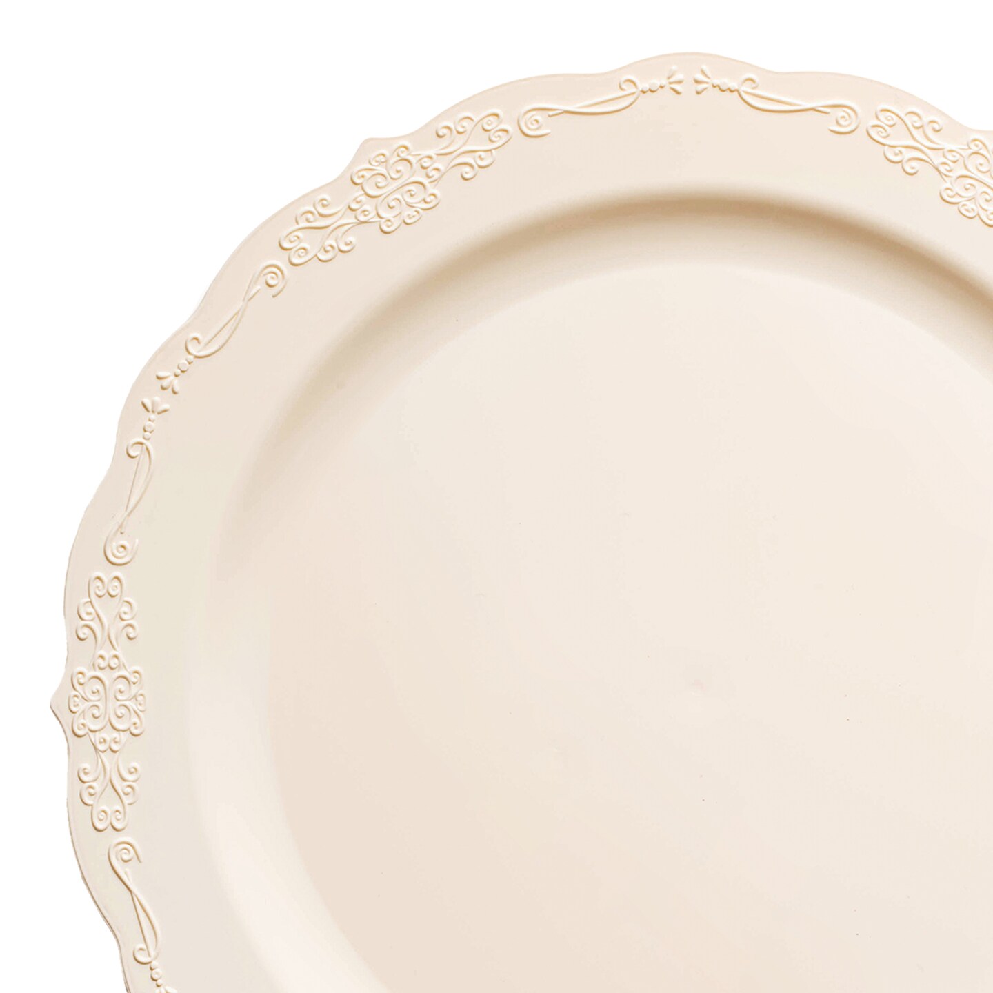 Ivory Vintage Round Disposable Plastic Dinner Plates - 10" (120 Plates)