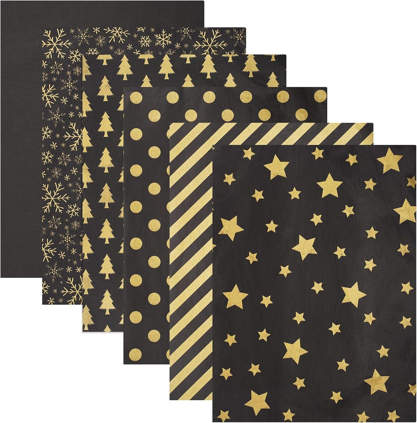 102 Sheets Tissue Paper Gift Wrap Bulk, 19.5&#x22; X 13.6&#x22; Christmas Tissue Paper for Wrapping, 6 Assorted Designs Golden Stars Snow Dots for Christmas Gift Bags, DIY and Craft (Blackgold)