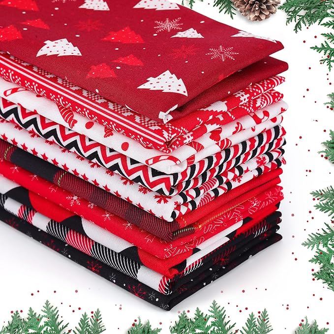 50 Pcs 10 x 10 Inches Christmas Precut Fabric Squares Black Red Cotton Craft Fabric Fat Quarters Snowman Santa Snowflake Fabric Scraps Bundles for Xmas DIY Craft Patchwork Sewing Quilting