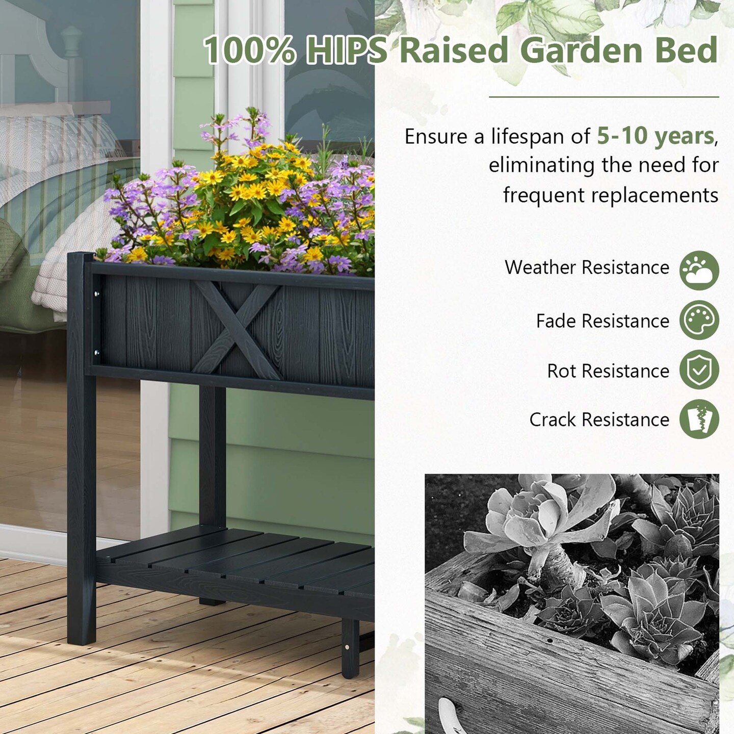 Costway HIPS Raised Garden Bed Poly Wood Elevated Planter Box with Legs, Storage Shelf Blue/Coffee/Black