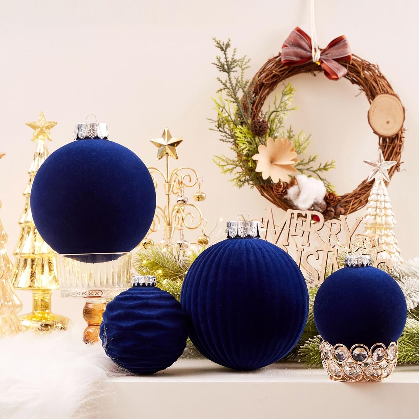 Velvet Christmas Balls Large Hanging Shatterproof Flocked Christmas Tree Ornaments for Xmas Tree Hanging, Holiday Wedding Party Decorations, Gifts and Home Decorations (Blue, 6&#x22; (2pcs))