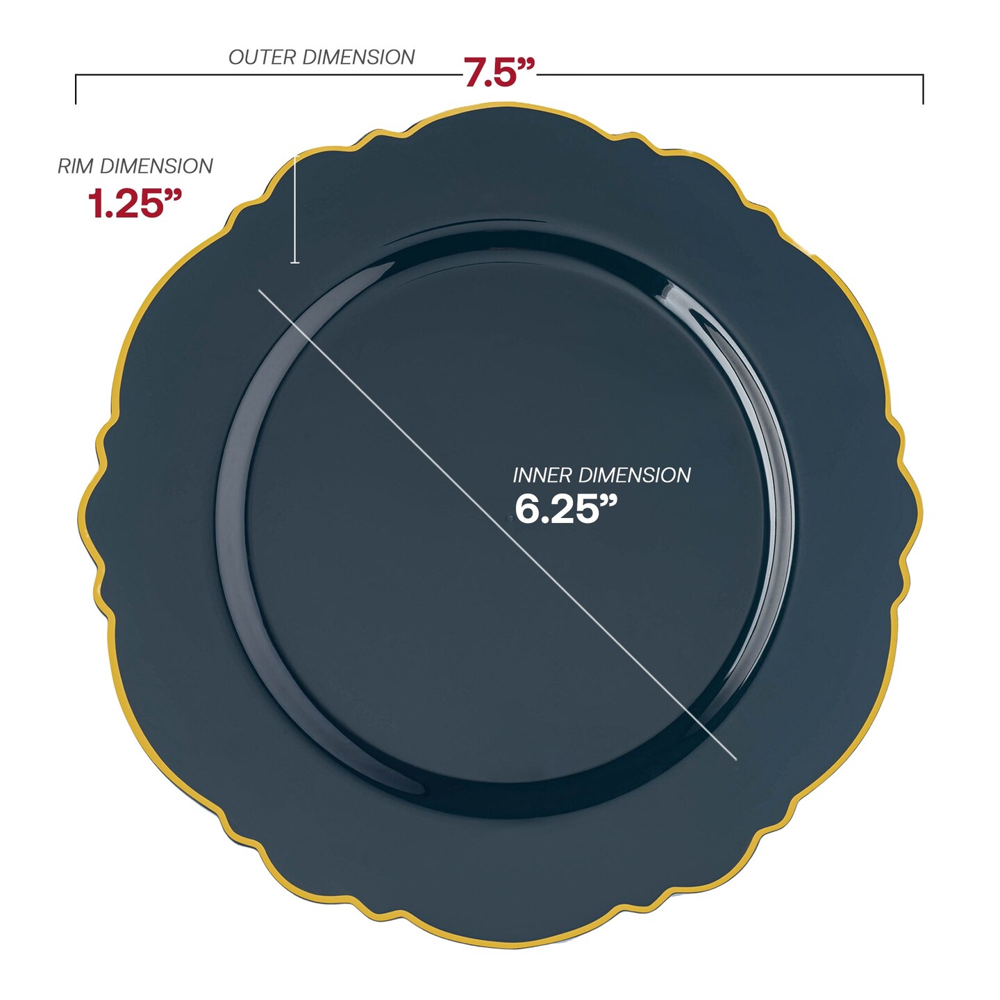 Navy with Gold Rim Round Blossom Disposable Plastic Appetizer/Salad Plates - 7.5" (120 Plates)
