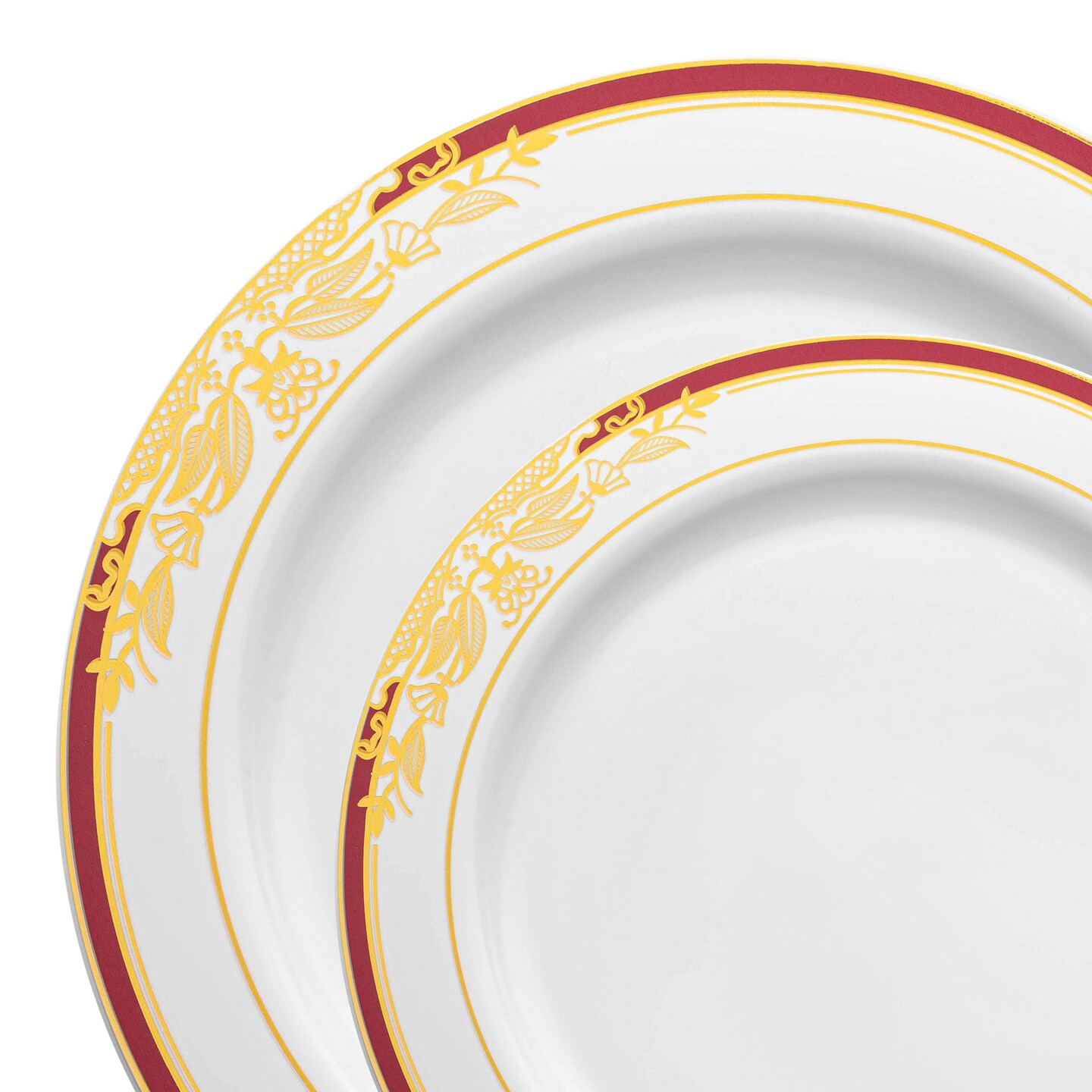 White with Burgundy and Gold Harmony Rim Plastic Dinnerware Value Set (120 Guests)