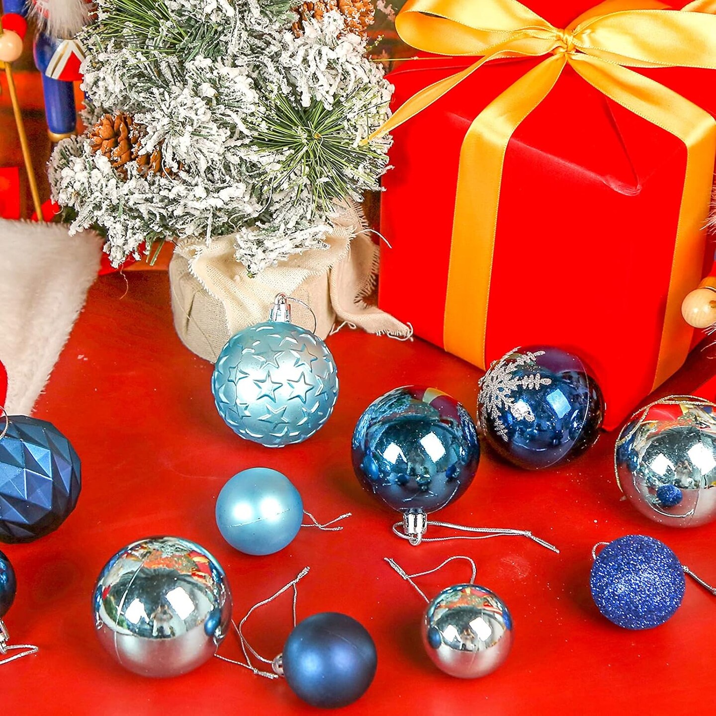 100PCS Shatterproof Blue Christmas Ornament Set - Glitter Balls for Tree Decor and Wreaths