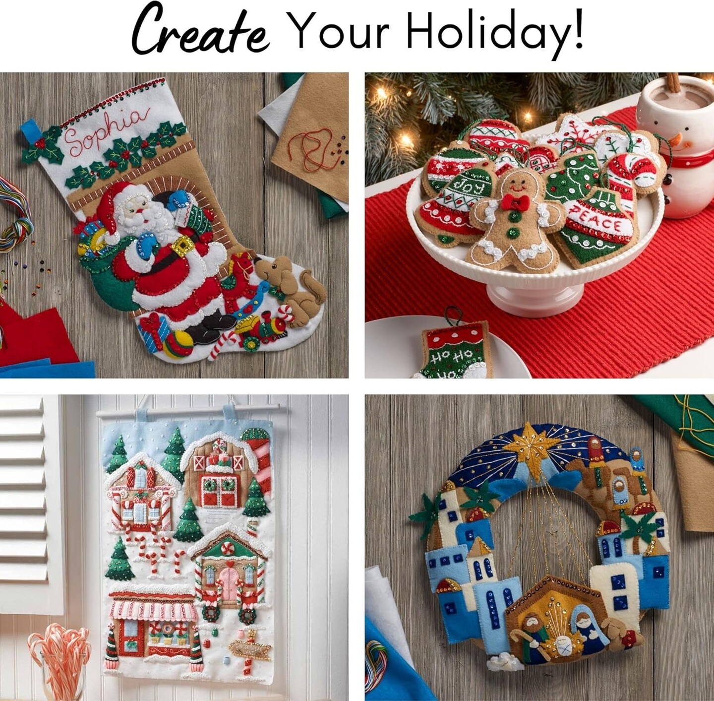 Felt Applique 18" Stocking Making Kit, Christmas Town, Perfect for DIY Arts and Crafts, 89528E
