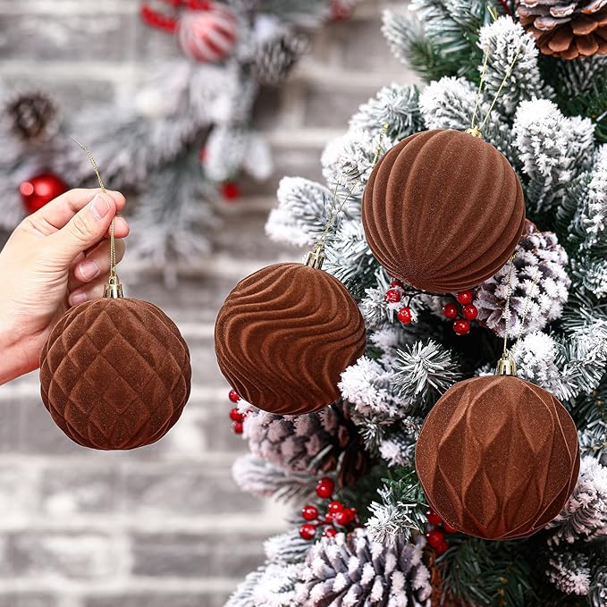 Ornaments Vintage Christmas Plastic Ball Ornaments Flocked Christmas Tree Hanging Ornament for Xmas Party Wedding Home Decor(Brown)
