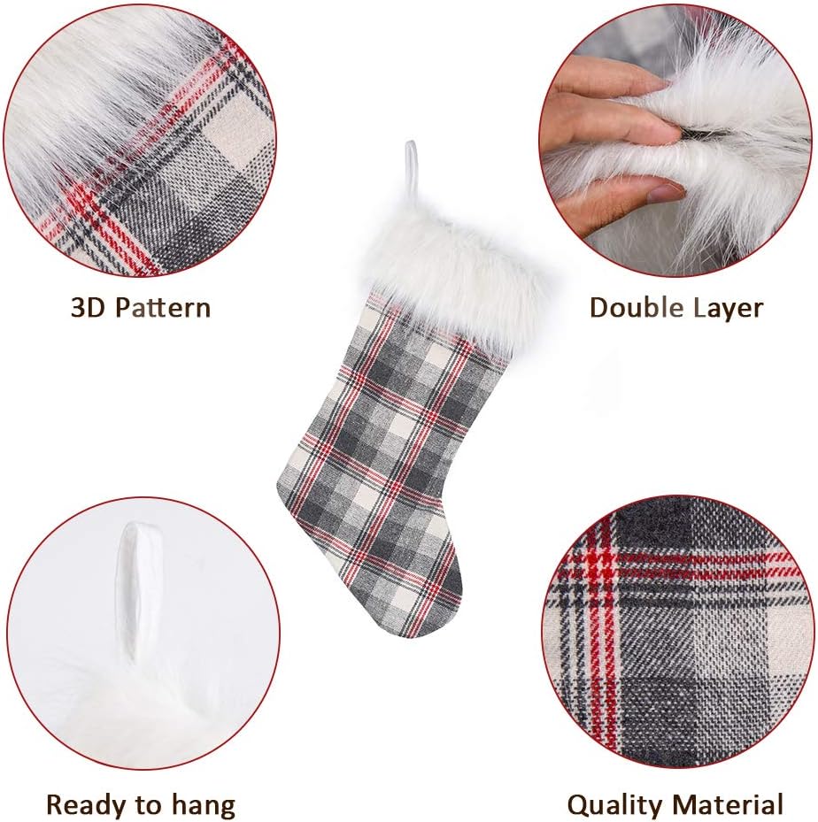 2024 Personalized Christmas Stocking Ornaments, Xmas White-Grey Plaid Christmas Socks Plush Faux Fur, Home Decorations Gifts 21 inch