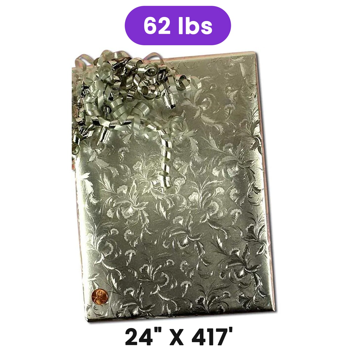 Silver Large Floral Embossed Metallic Wrapping Paper 24" x 417" Roll