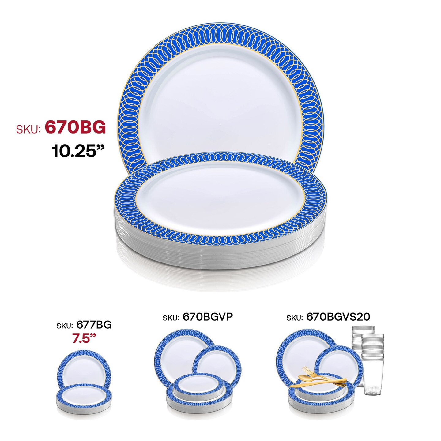 White with Gold Spiral on Blue Rim Plastic Dinner Plates - 10.25&#x22; (120 Plates)