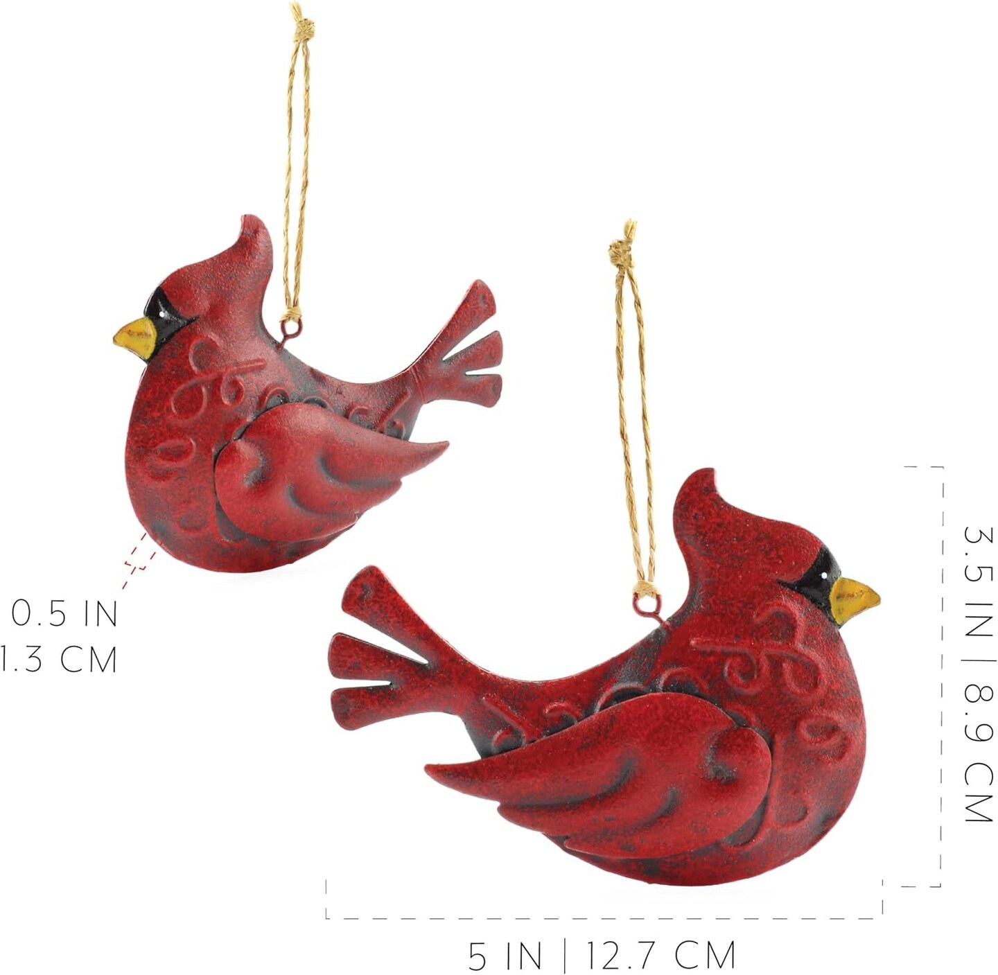 Auldhome Tin Cardinal Christmas Ornaments (Set of 3); Primitive 3D Galvanized Christmas Tree Decorations in Vintage Style