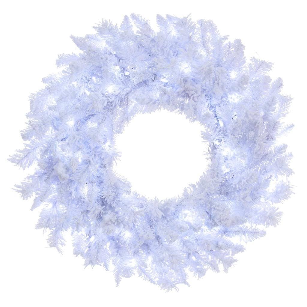 Vickerman 24" Flocked White Wreath Pure White LED Mini Lights