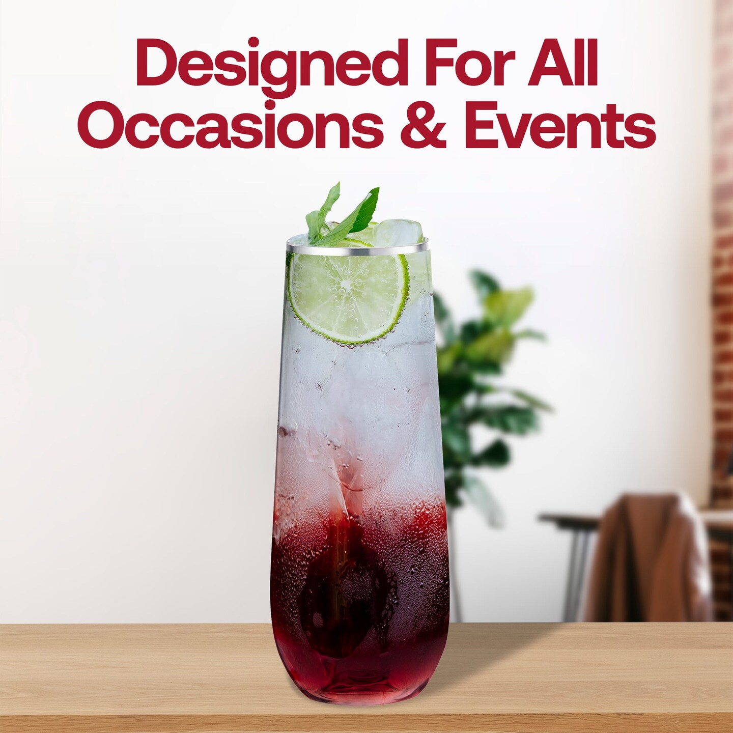 Clear with Silver Stemless Plastic Champagne Flutes - 9 oz. (64 Glasses)