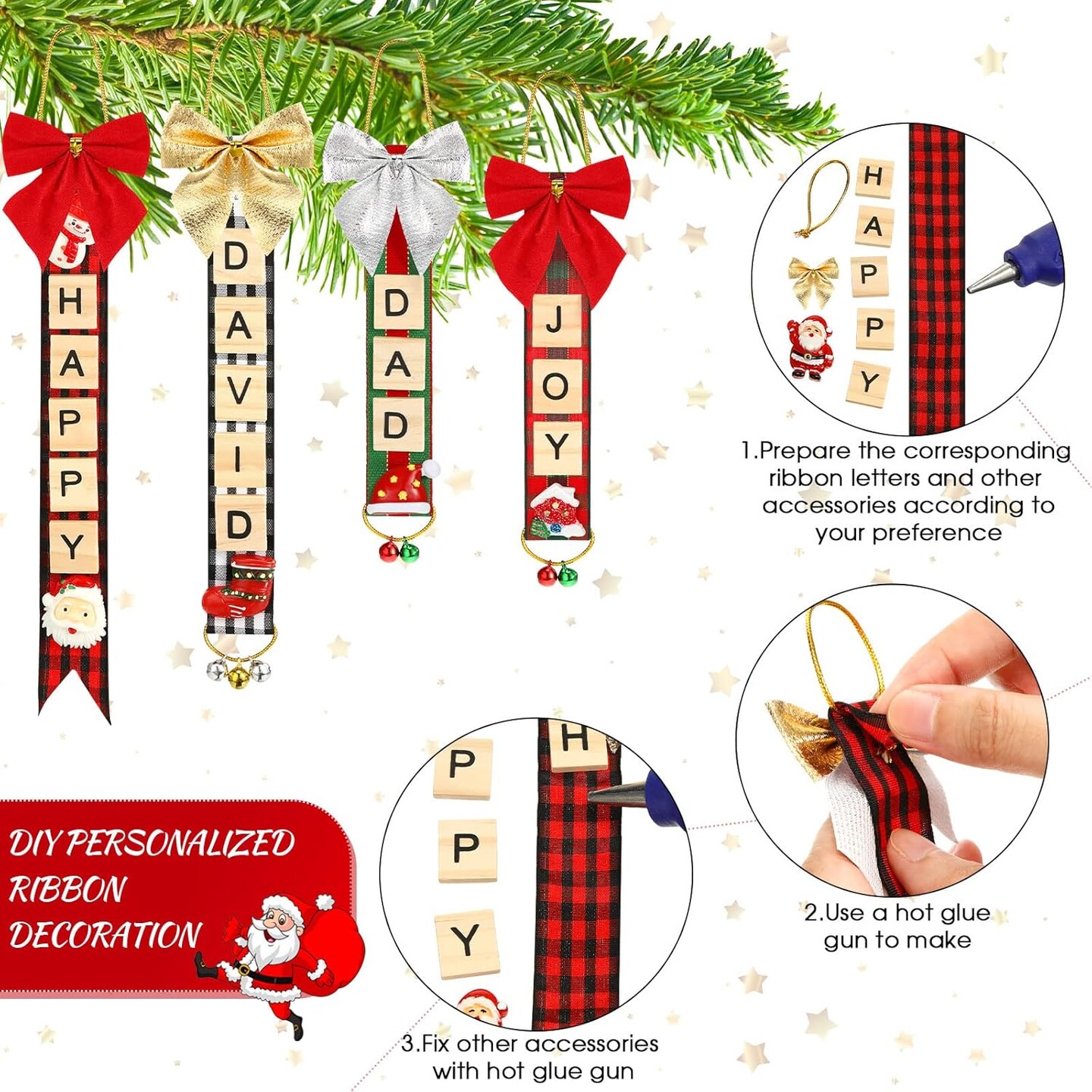 299 Pieces Christmas Ornaments Tree Decorations Personalized Crafts Kit DIY Ribbon Letter Tiles Bells Bows Hanging Rustic Stockings Hot Glue Gun Name Tags with Glue Sticks(Stylish)