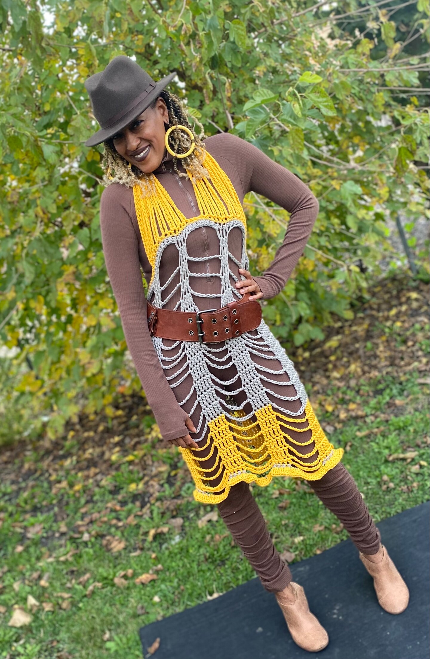 product name is Color Blocked Open Work Dress - Gold and Grey