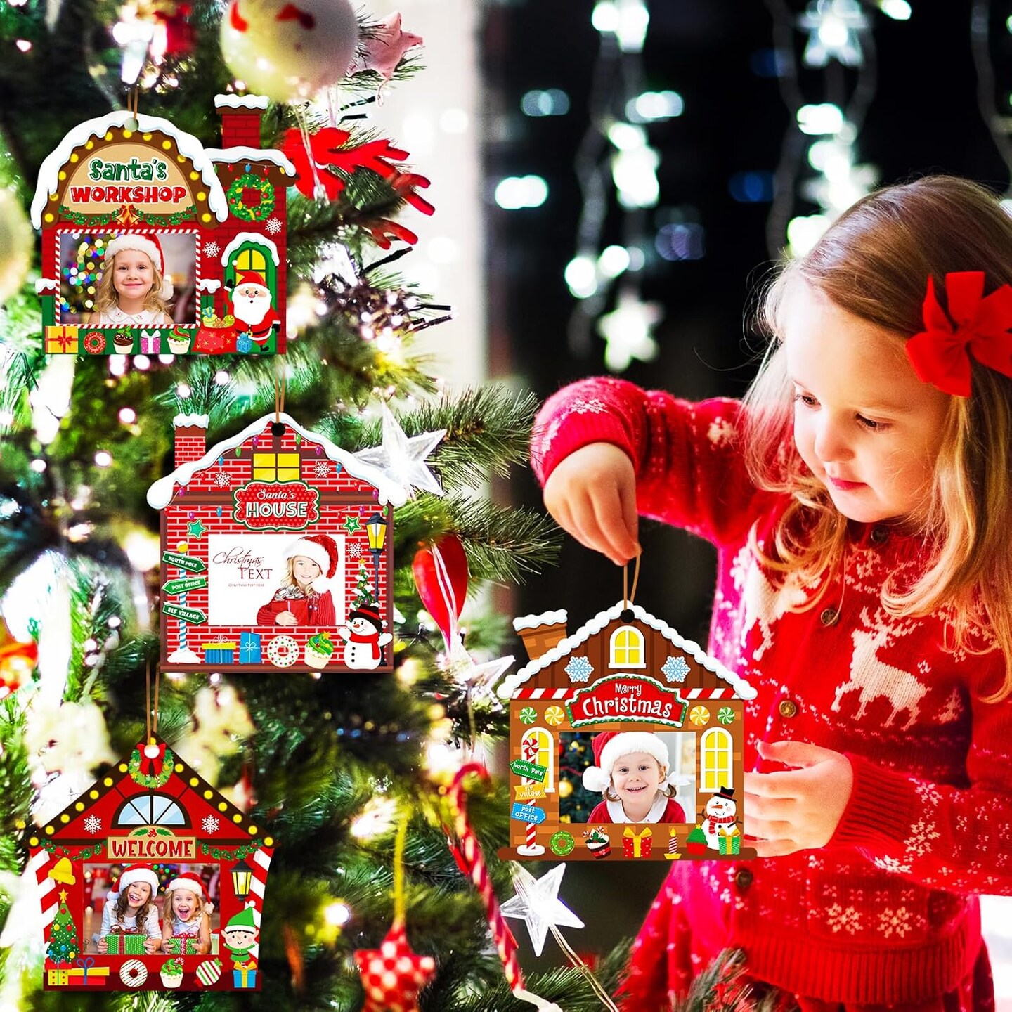 24 Pack Christmas Picture Frame Craft Ornament Kits DIY Christmas Picture Frames Xmas Holiday Santa&#x27;s Workshop Picture Frame Craft Ornaments for Christmas Tree Decor Group Game Activities