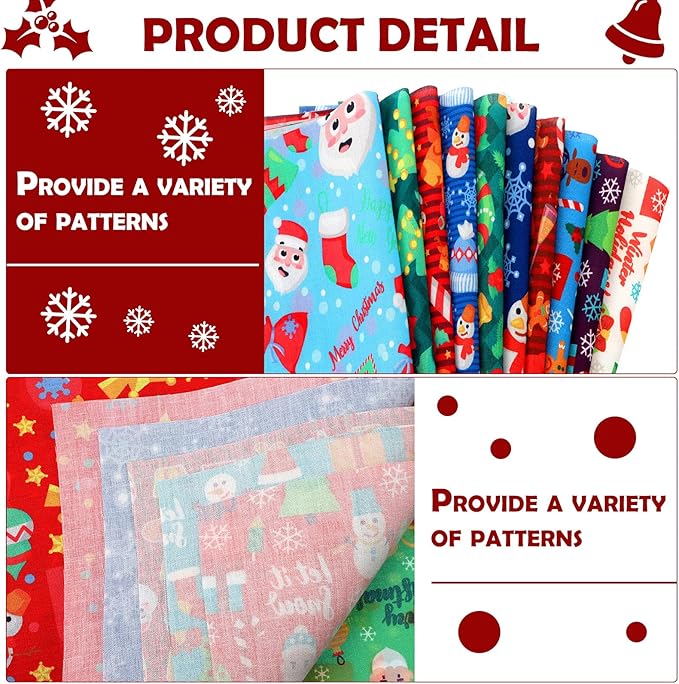 20 Pieces Christmas Fabric Fat Quarters Christmas Fabric Bundles Precut Fabric Squares Christmas Tree Snowflake Printed Fabric Scraps for Dress Apron DIY Crafts (Vivid Pattern, 10 x 10 Inch)