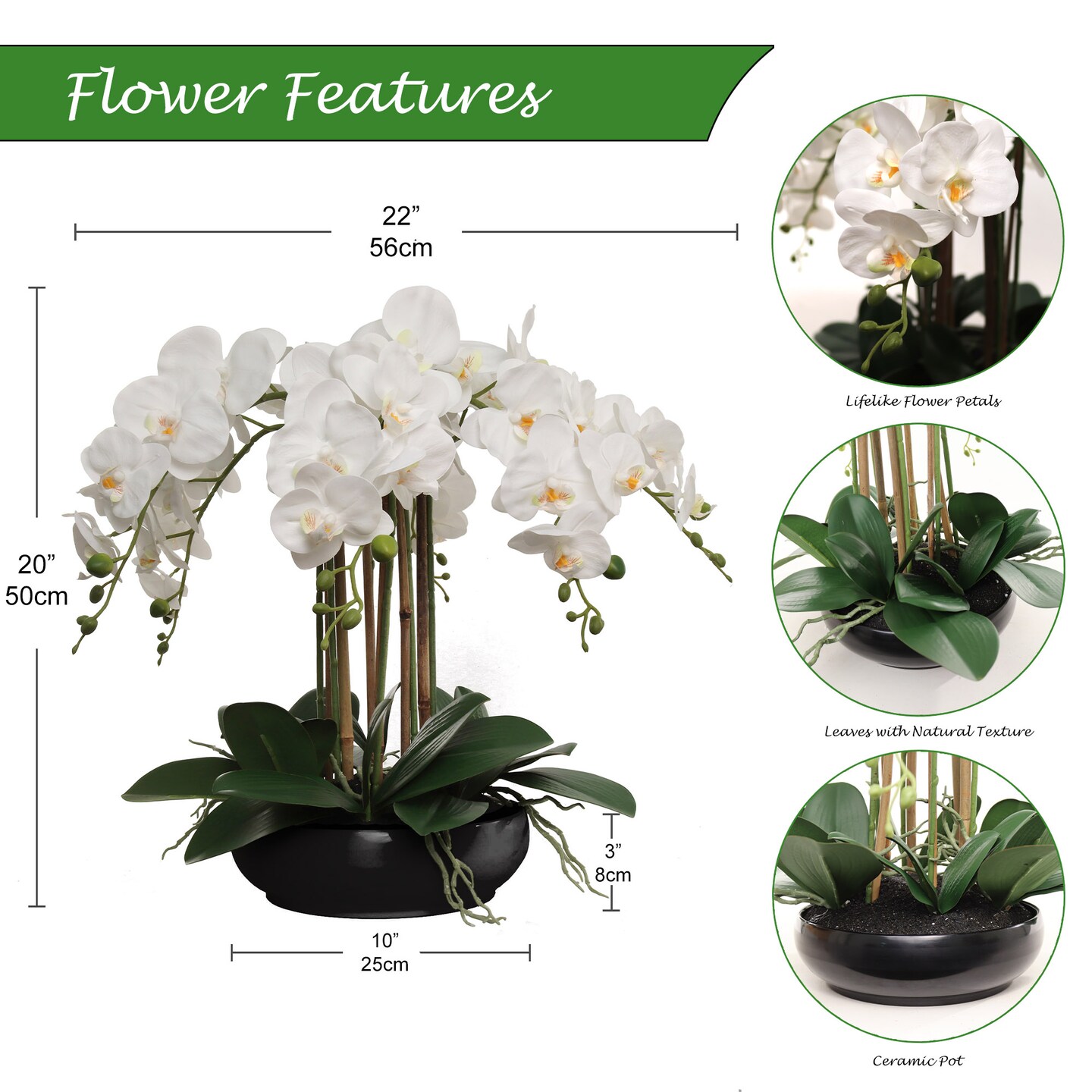 20-Inch White Phalaenopsis Orchid Arrangement &#x2013; Lifelike Artificial Flowers with Natural Leaf Details in Modern Black Pot for Elegant Home &#x26; Office Decor, Floral Home by Artificial Flowers