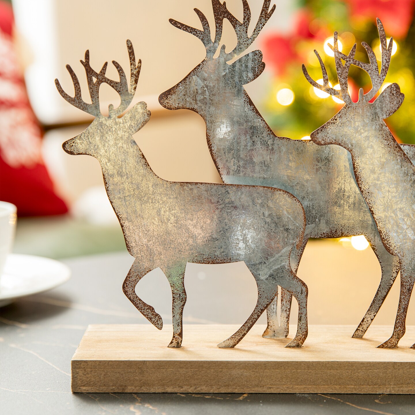 13.25&#x22;L Galvanized Metal/Wooden Reindeer Table D&#xE9;cor