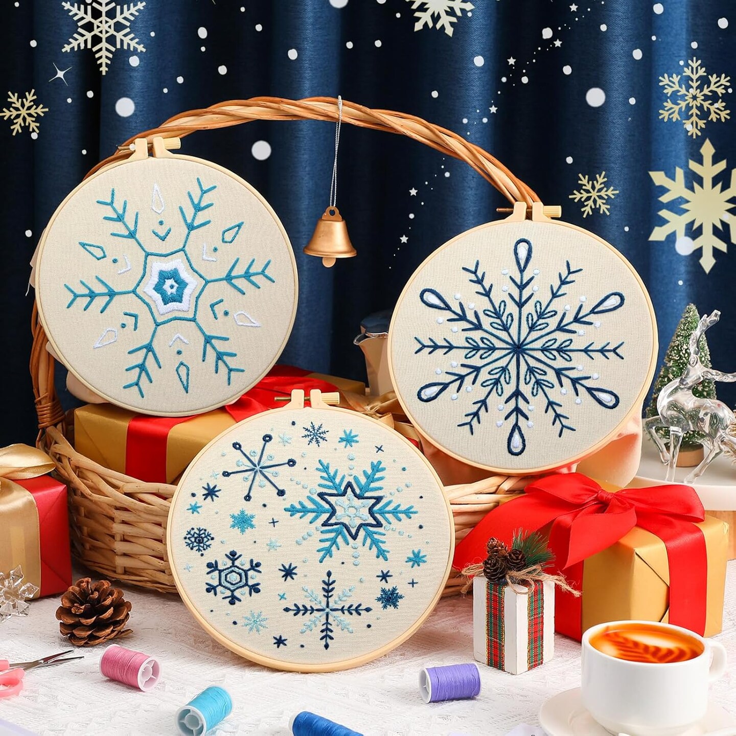 5 Set Christmas Embroidery Starter Kit with Snowflake Pattern, Winter Embroidery Kits for Beginners, Full Range of Winter Cross Kits, Embroidery Hoops and Color Threads