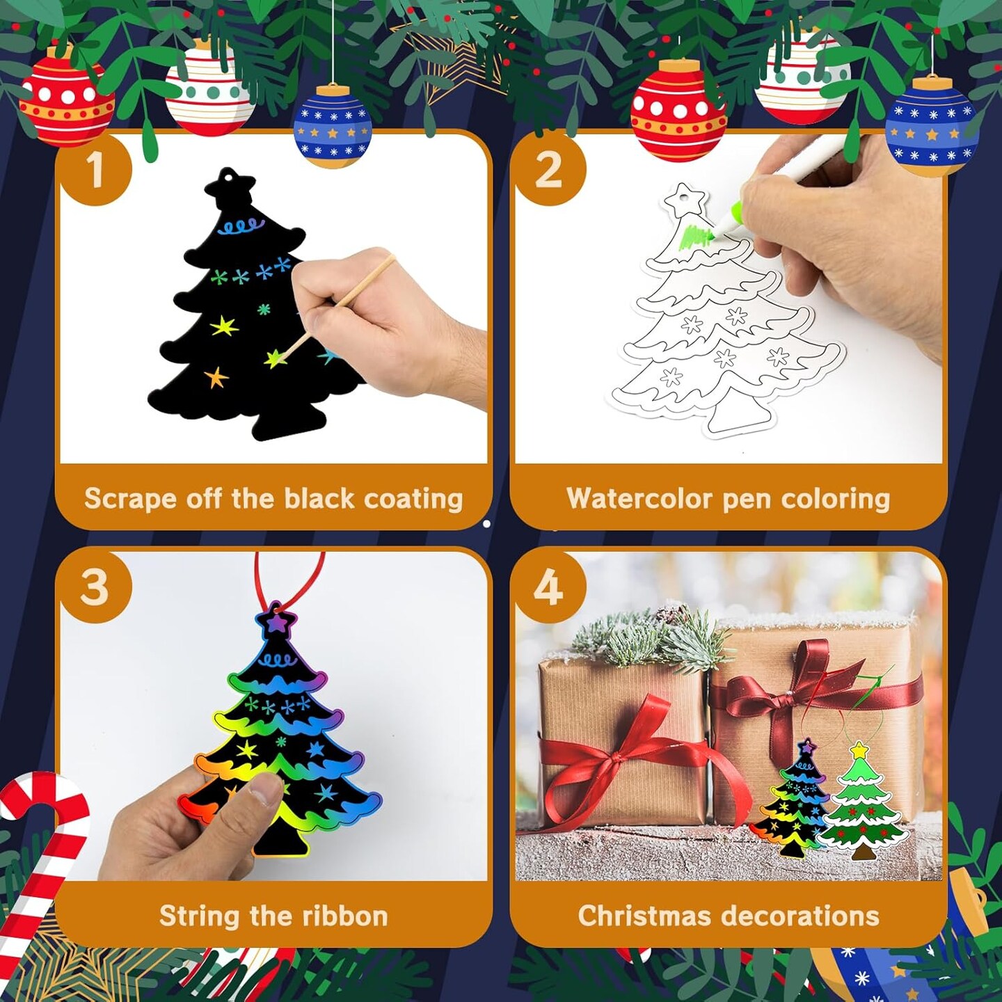 96Pcs Christmas Scratch Craft Kits for Kids, Christmas Magic Scratch Art Paper Party Game Supplies, DIY Santa Claus Scratch Art Cards for Party Favors Ornaments