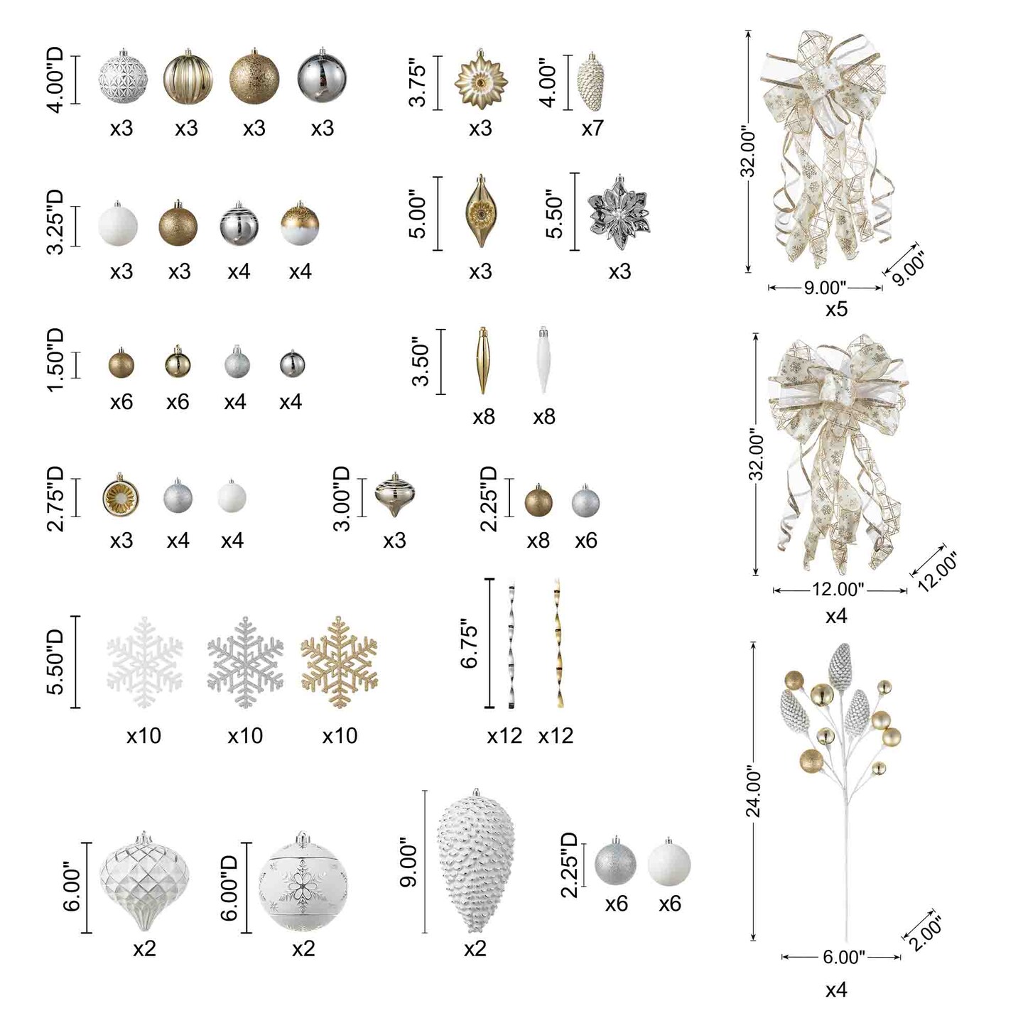 Set of 191 Gold Silver Ribbon Bows Pinecone Picks Shatterproof Ornaments Xmas New Year Tree Decor