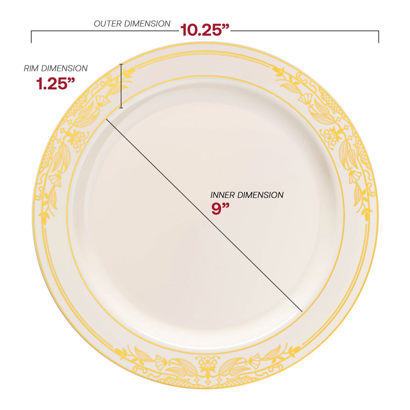 Ivory with Gold Harmony Rim Plastic Dinner Plates - 10.25" (120 Plates)