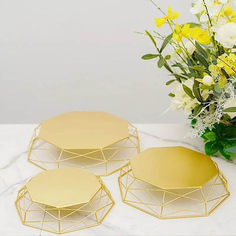 3 Gold Geometric Octagon Metal CAKE STAND Dessert Display Riser Party Supplies