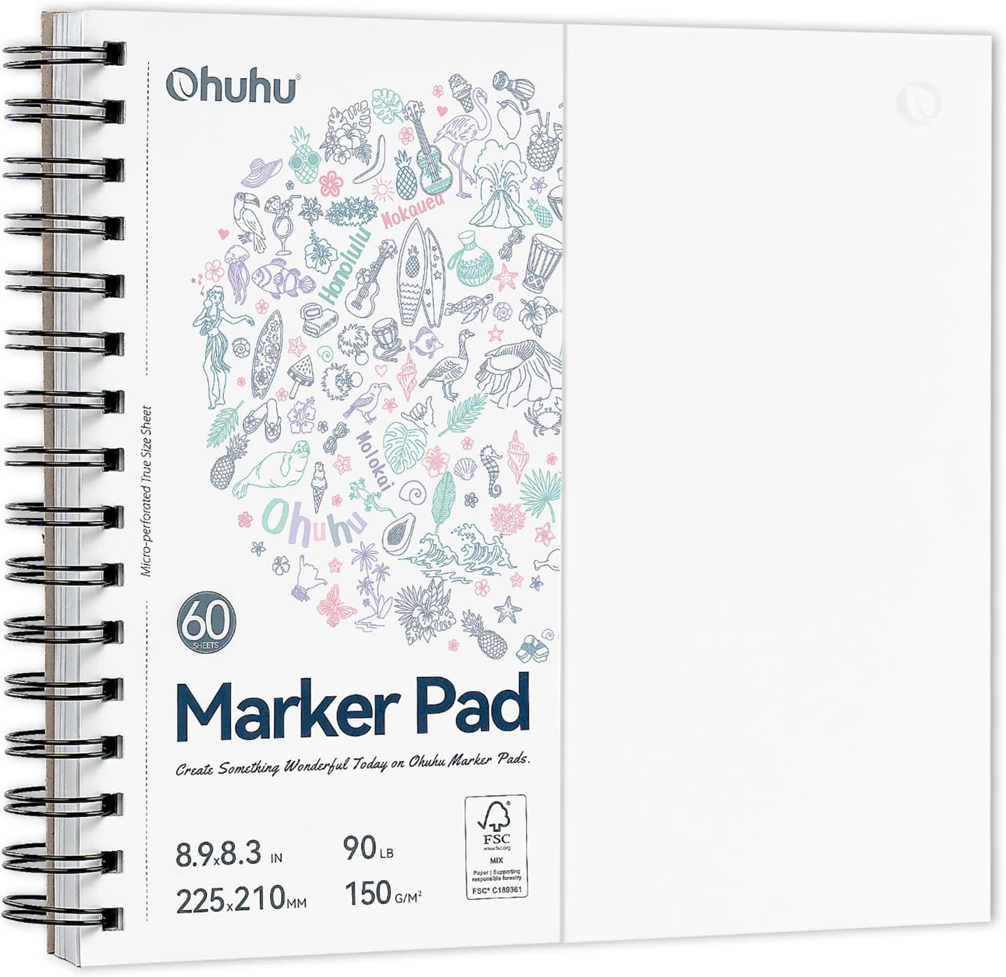 Ohuhu Double Sided Marker Pads Art Sketchbook Bleedproof - 8.3x8.3 Square Paper Size - 90LB/150GSM Smooth Drawing Paper - 60 Sheets/120 Pages, Spiral Bound Sketching Book for Alcohol Markers Christmas