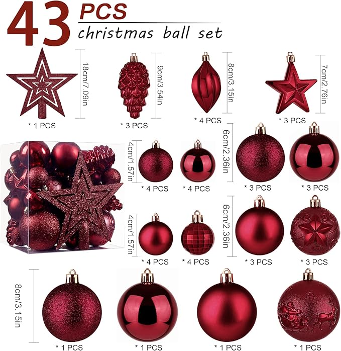 Shatterproof Christmas Tree Decorative Hanging Ornaments with Loop for Xmas Holiday Party Wreath Home Decoration (Burgundy)