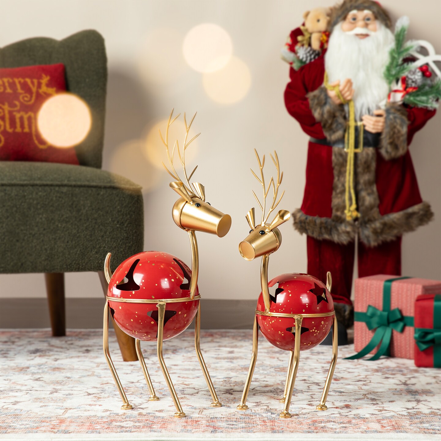 Set of 2 Christmas Metal Bells Reindeer Table D&#xE9;cor or Floor D&#xE9;cor
