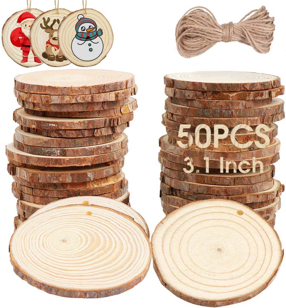 Natural Wood Slices 50 Pcs 2.7-3.1 Inches Craft Wood Kit Unfinished Predrilled with Hole Wooden Circles Tree Slices for Arts and Crafts Christmas Ornaments DIY Crafts