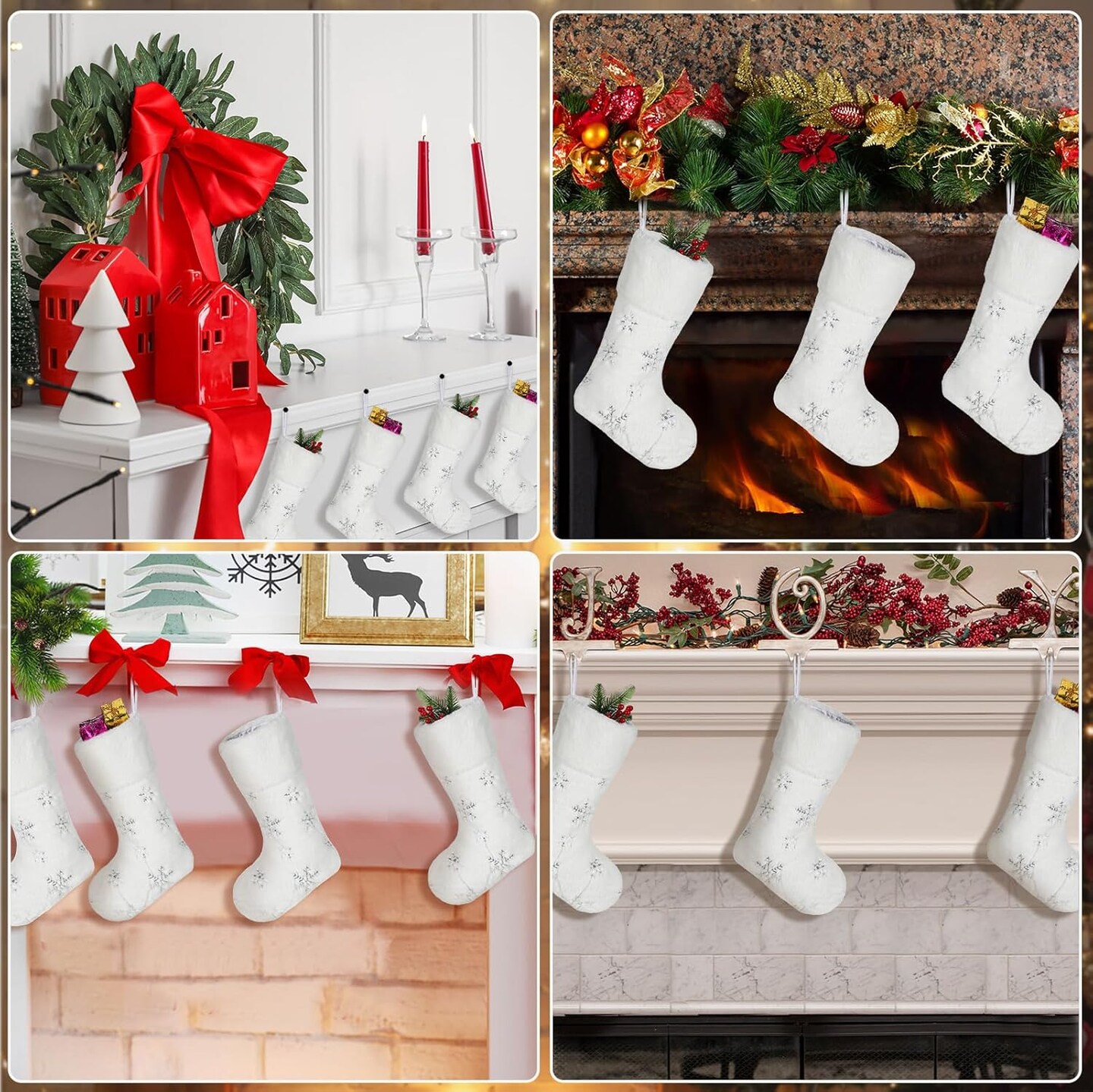 12 Pcs 9 Inch Mini Christmas Stockings Faux Fur Xmas Stockings Small Plush Sequin Snowflake Stockings for Family Holiday Party Hanging Decoration Decor Gift (White, Silver)