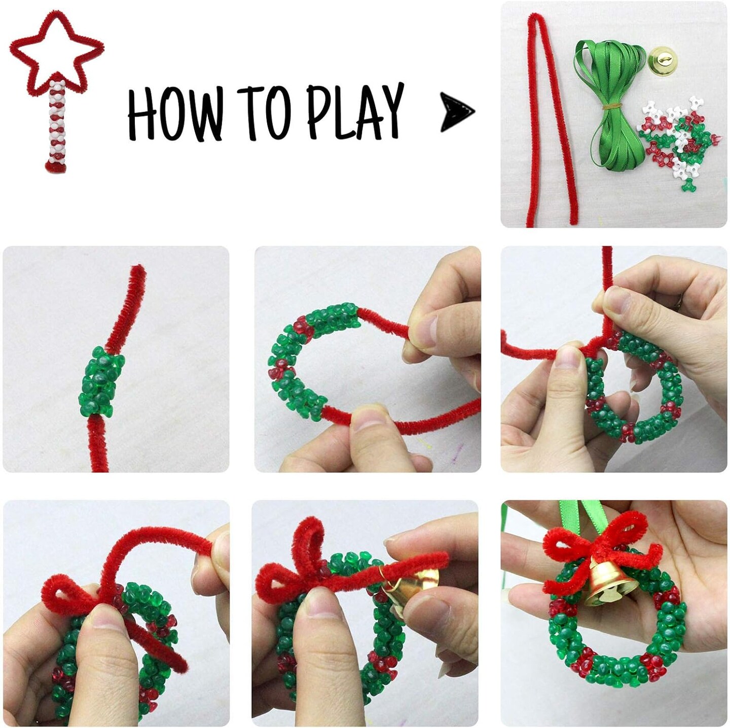 1570 PCS Christmas Beaded Ornament Kit Christmas Tri-Shaped Beads Plastic Tri Beads with Pipe Cleaners Xmas Party Craft Wreath Candy Cane for Christmas Tree Hanging