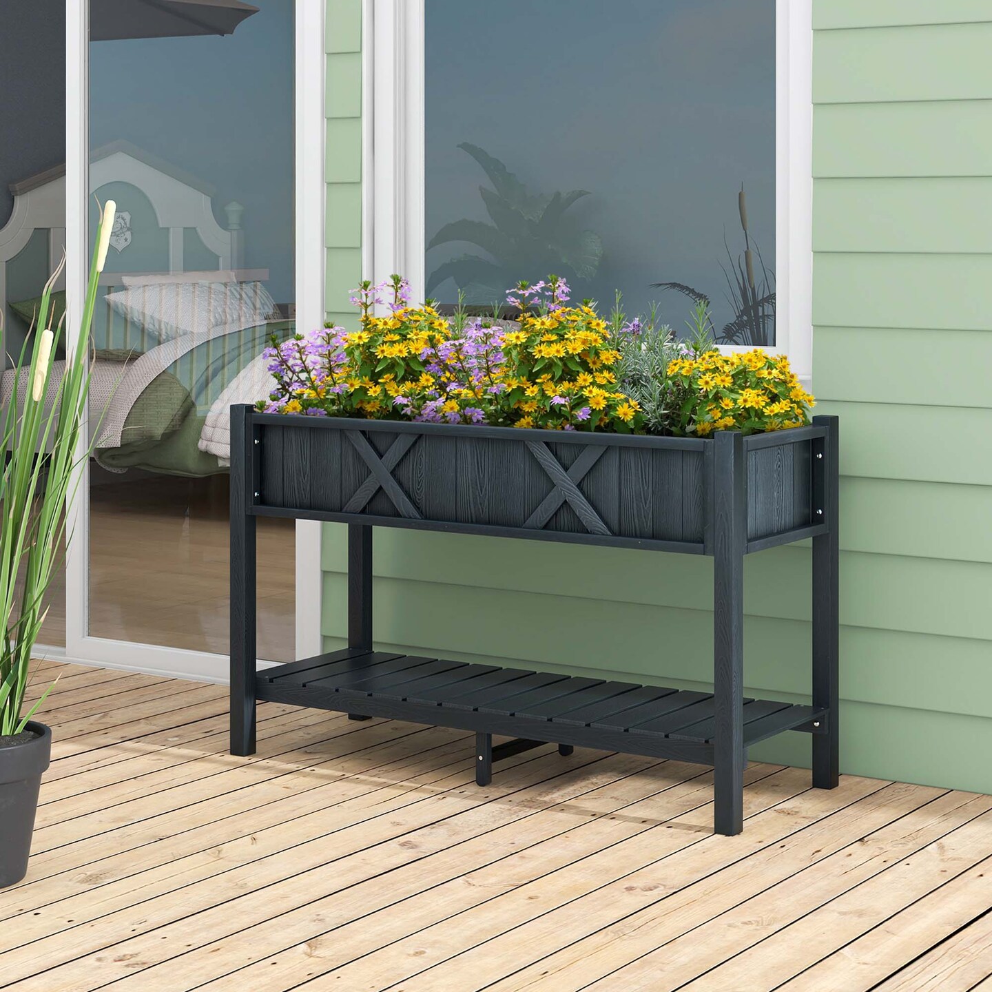 Costway HIPS Raised Garden Bed Poly Wood Elevated Planter Box with Legs, Storage Shelf Blue/Coffee/Black