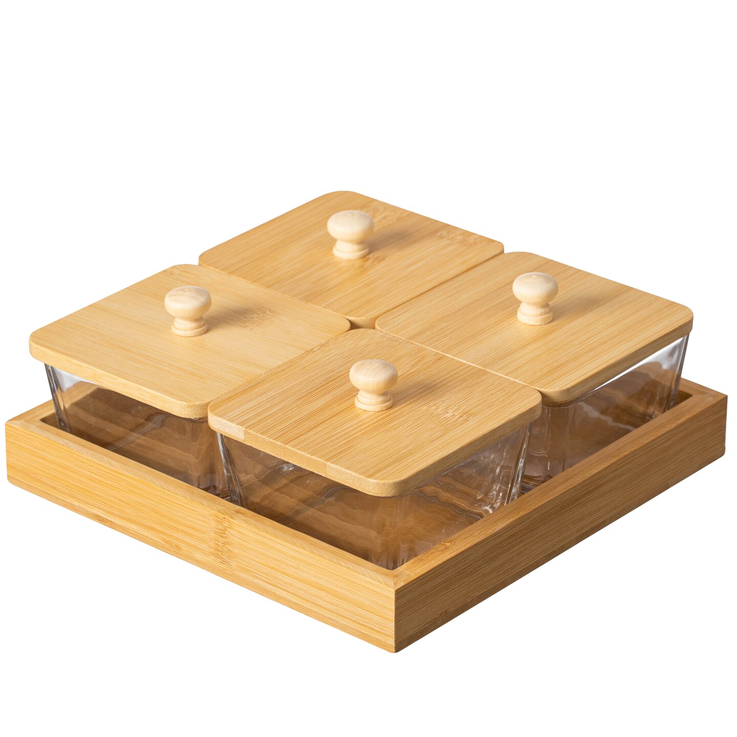 Basicwise Set of Glass Jars with Bamboo Lids and Wooden Tray &#x2013; Charcuterie, Snack Organizer, and Fruit Platter for Party, Candy Jars, Cookies, Nuts, Fruits and Snack Box