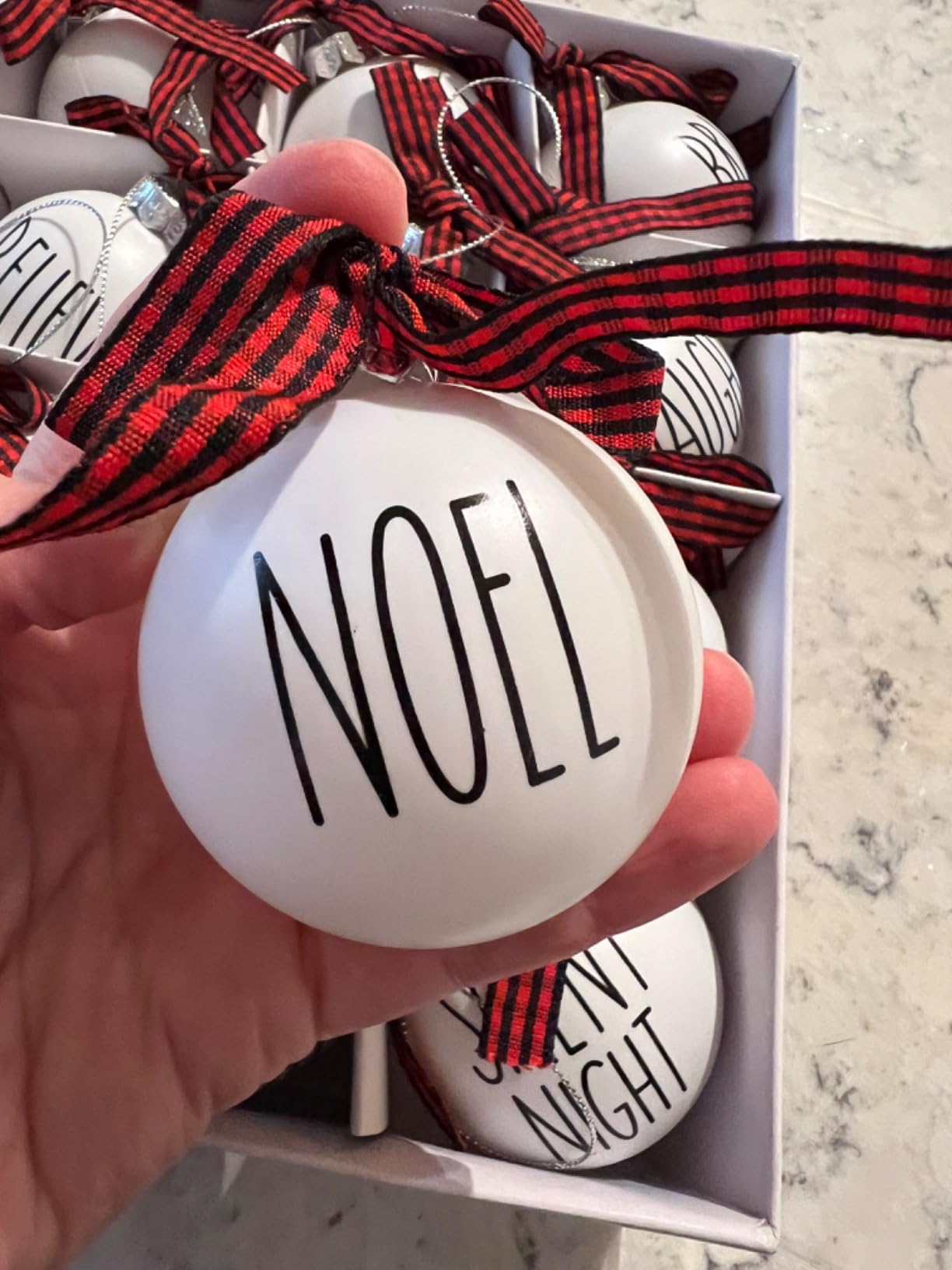 Set of 12 Christmas Ball Ornaments Shatterproof White Bulbs with Buffalo Plaid Bows Farmhouse Christmas Tree Decor Decorative Christmas Tree Hanging Ornaments