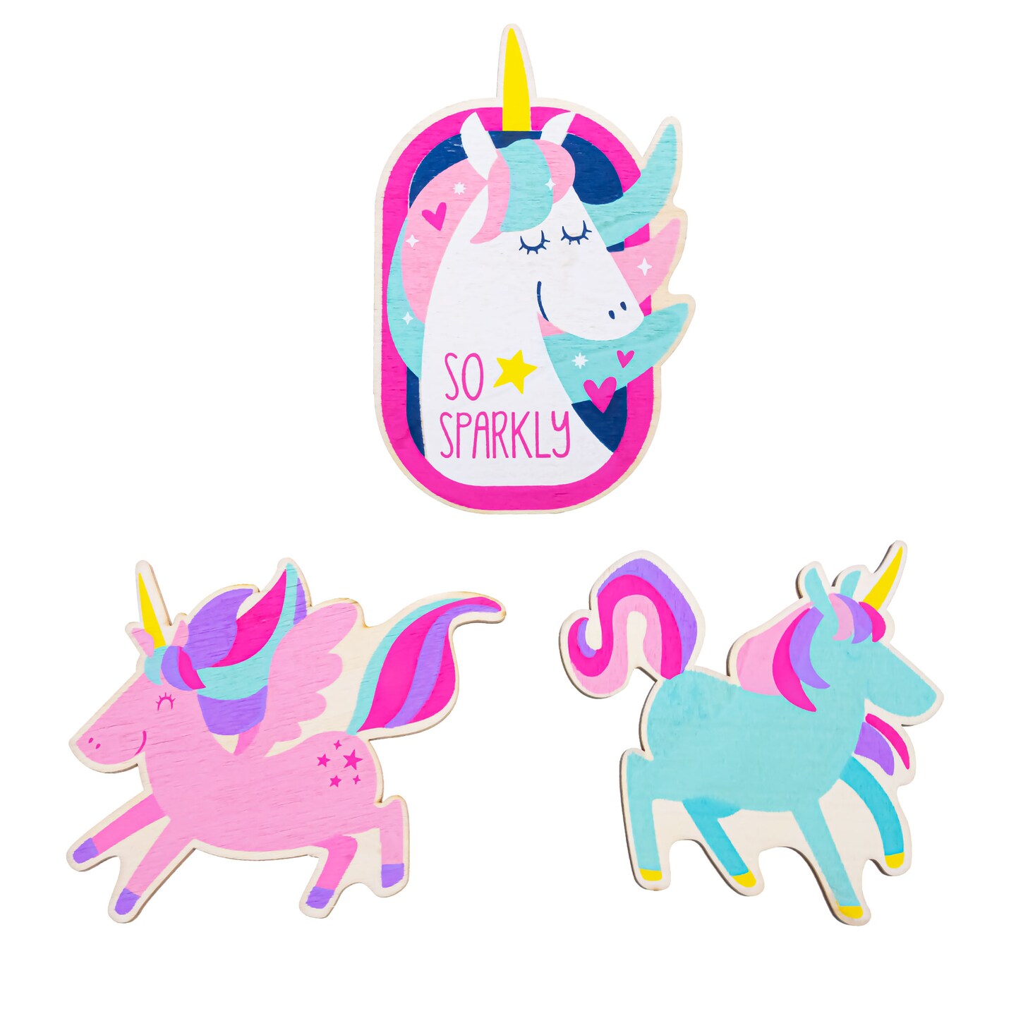 Set of 3 Painted Wooden Unicorns Cutout DIY Craft 5 Inches