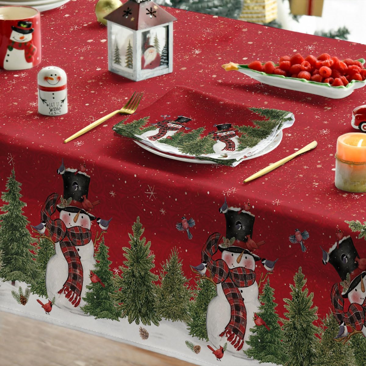 Christmas Tablecloth 60&#xD7;84 Inch, Winter Snowman Trees Red Washable Table Cover for Party Picnic Dinner Decor