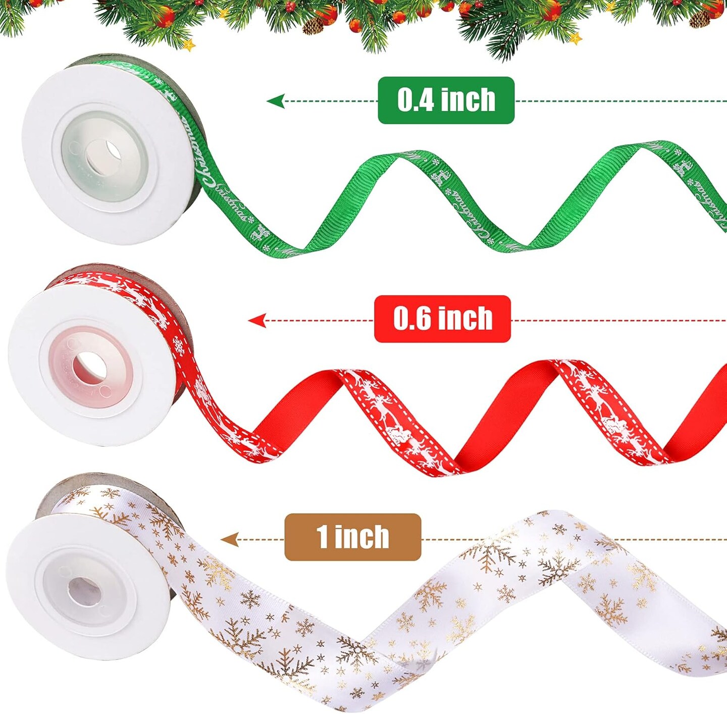 18 Rolls 90 Yards Christmas Ribbons Holiday Printed Grosgrain Satin Ribbon Metallic Glitter Craft Fabric for Xmas Gift Wrapping Decoration, 3 Sizes