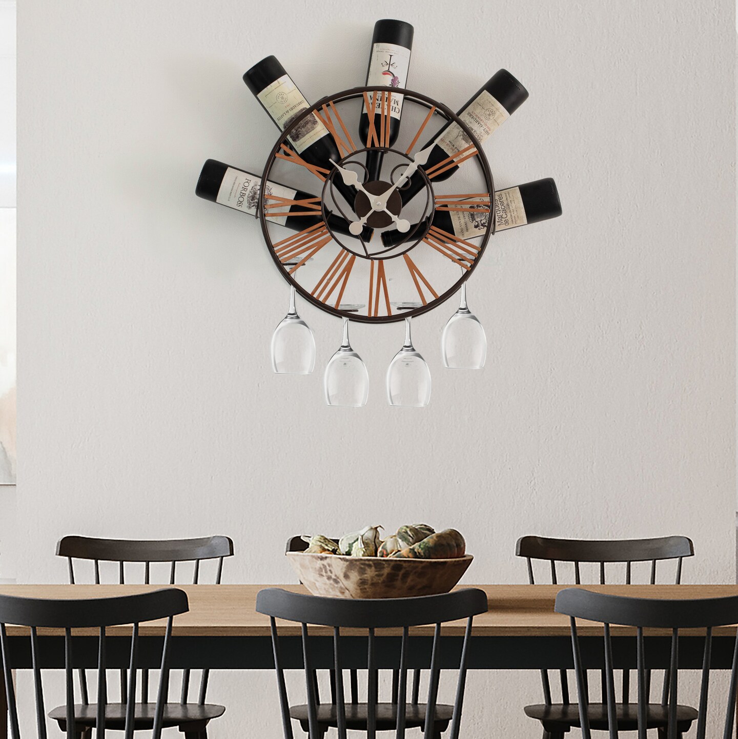 Vintiquewise Wall-Mounted Clock Design Wine Holder with Stemware Rack - Unique Shelf for Champagne, White & Red Wine Organizer with 4 Glass Holders, Wine Bottle Display for Home, Kitchen and Bar Decor