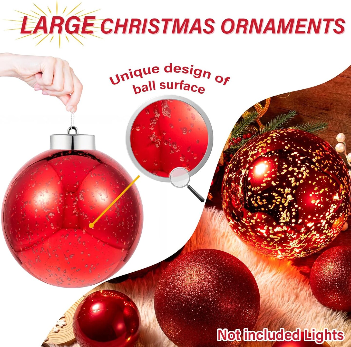 Large Christmas Ornaments Christmas Ball Ornaments Red Giant Shatterproof Christmas Ornaments Mercury Ball Christmas Tree Ornaments for Holiday Party(Red, 8.0" (1pcs))