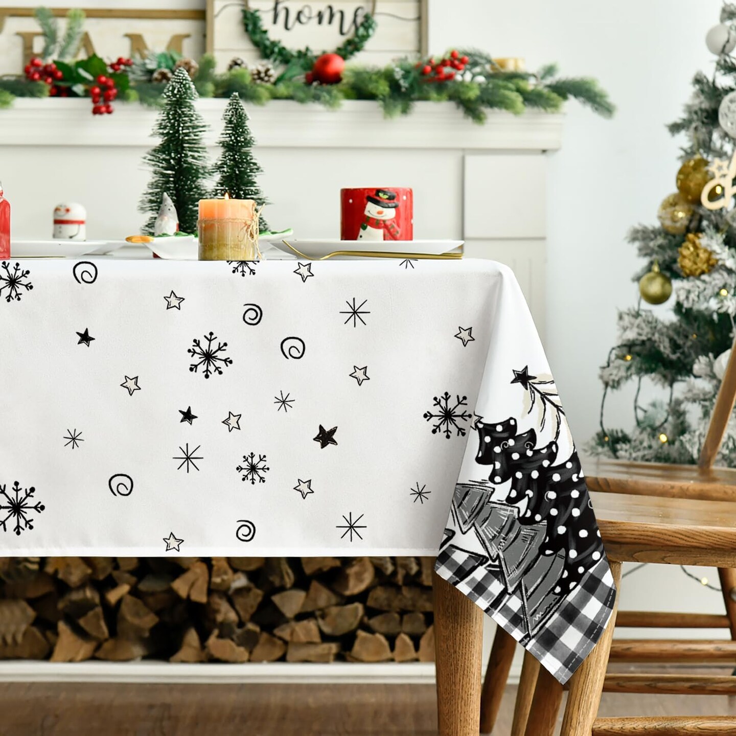 Christmas Tablecloth 60×84 Inch Rectangular, Christmas Trees Buffalo Plaid Black Washable Table Cover for Party Picnic Dinner Decor