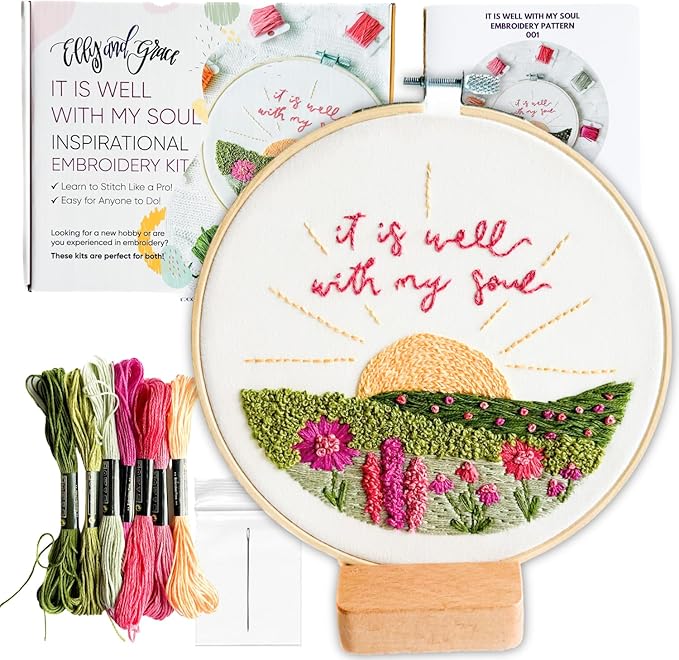 Embroidery Hoop, Easy Embroidery Kit for Beginners and Adults, Full Embroidery Hoop Kit with Needles and Thread Included (It is Well)